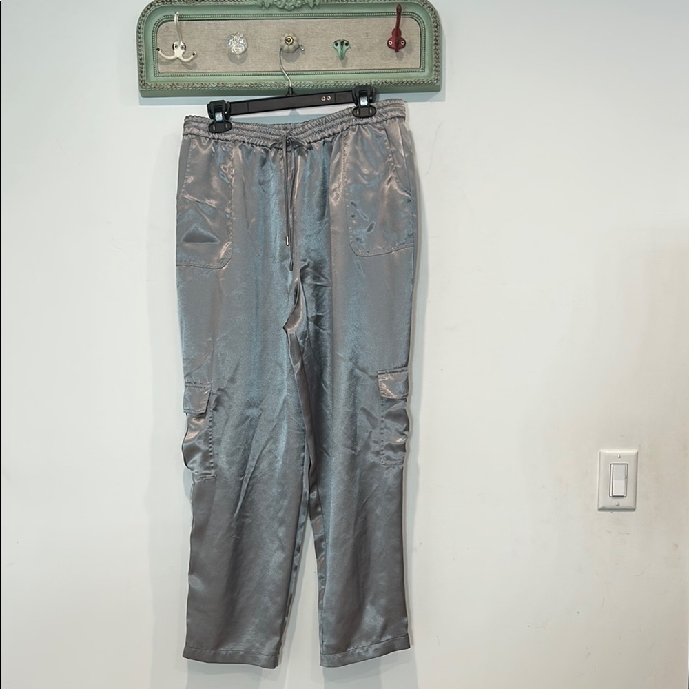 Boston Proper Metallic Gray Satin Chic Straight Leg Cargo Pants women’s xl
